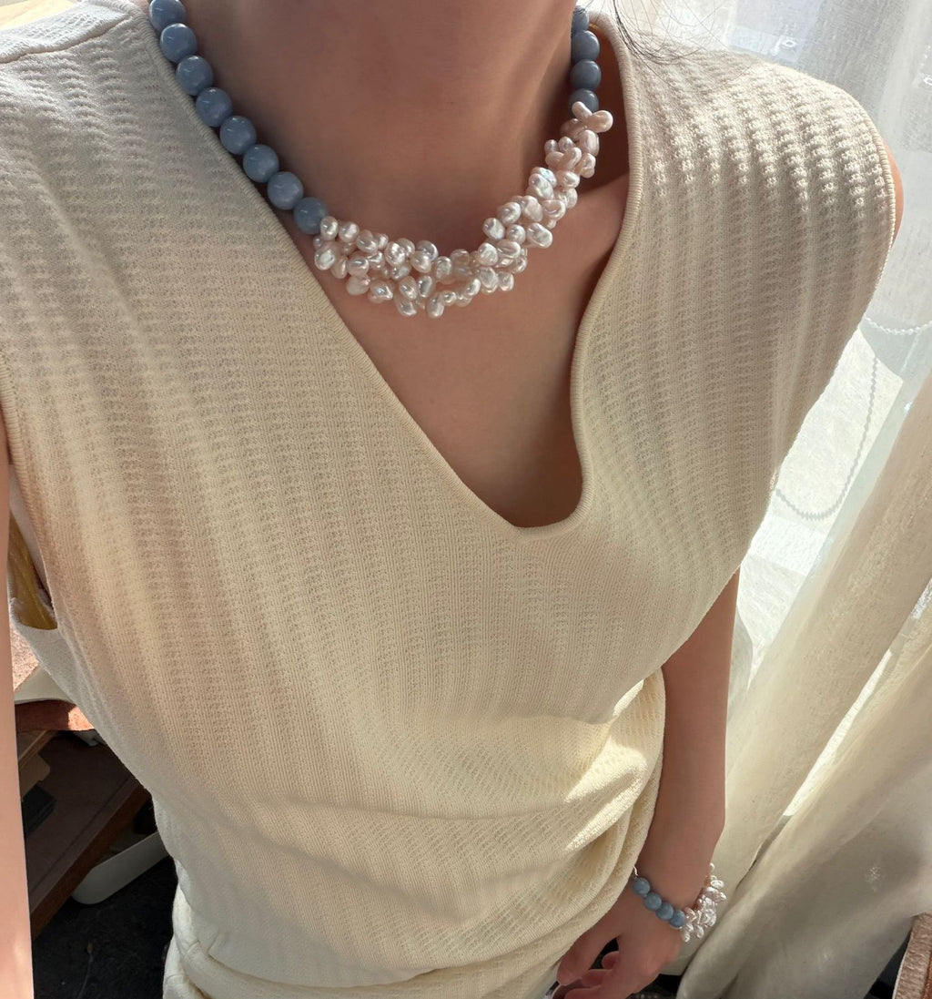 Angelite Petals — Baroque Pearl Necklace