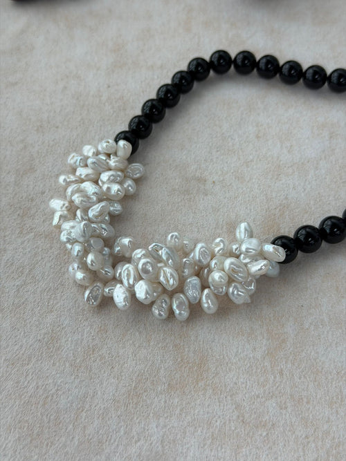 Black Agate & Baroque Pearl Petal Necklace