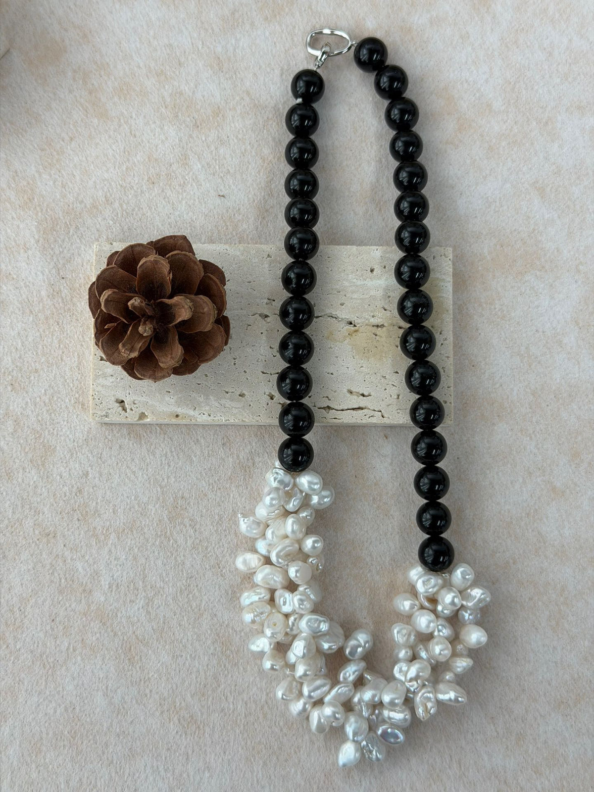 Black Agate & Baroque Pearl Petal Necklace