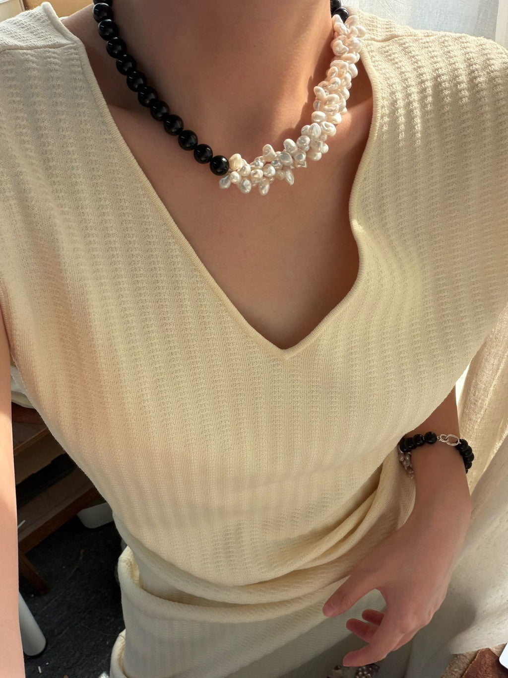 Black Agate & Baroque Pearl Petal Necklace