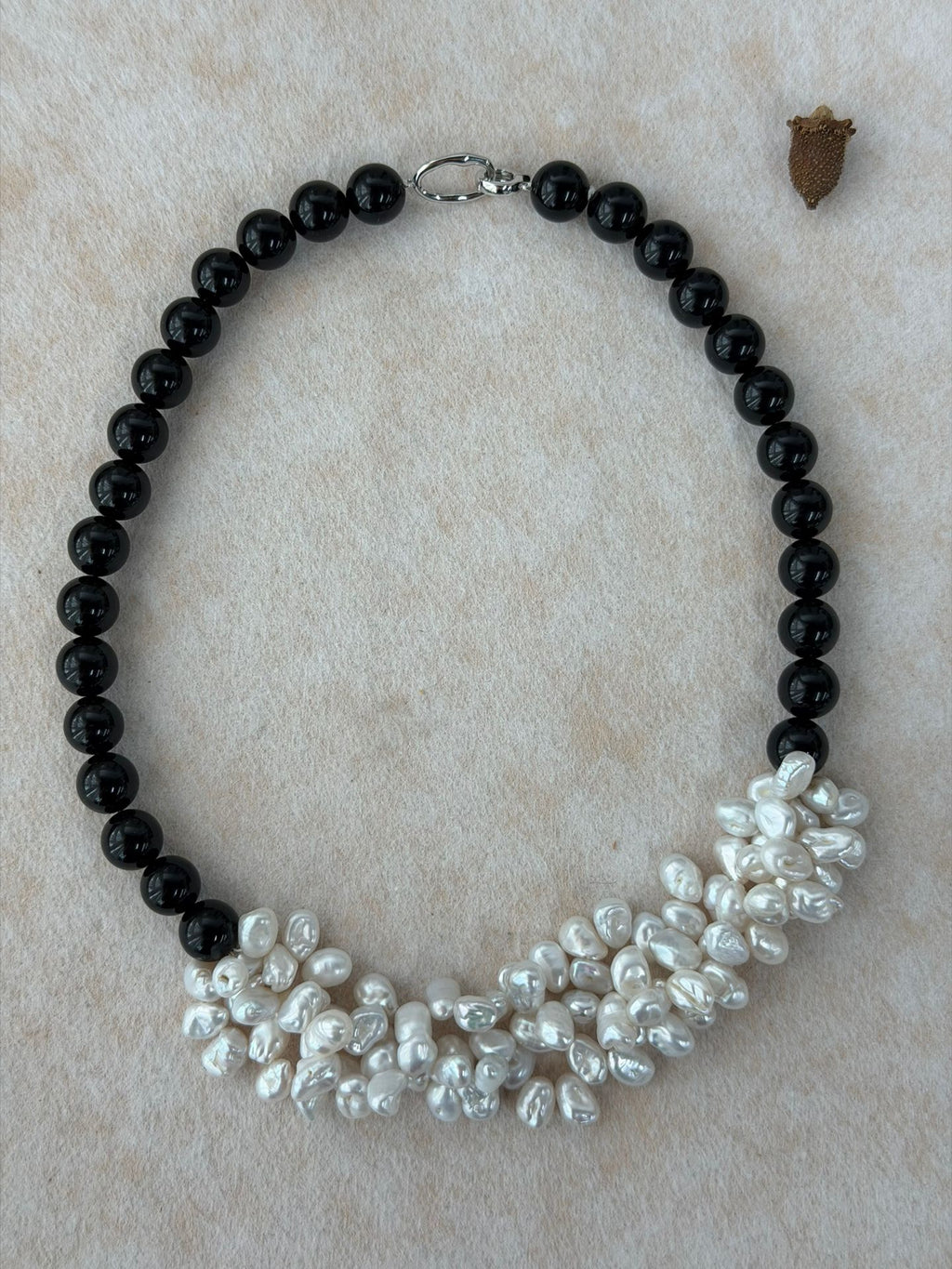Black Agate & Baroque Pearl Petal Necklace