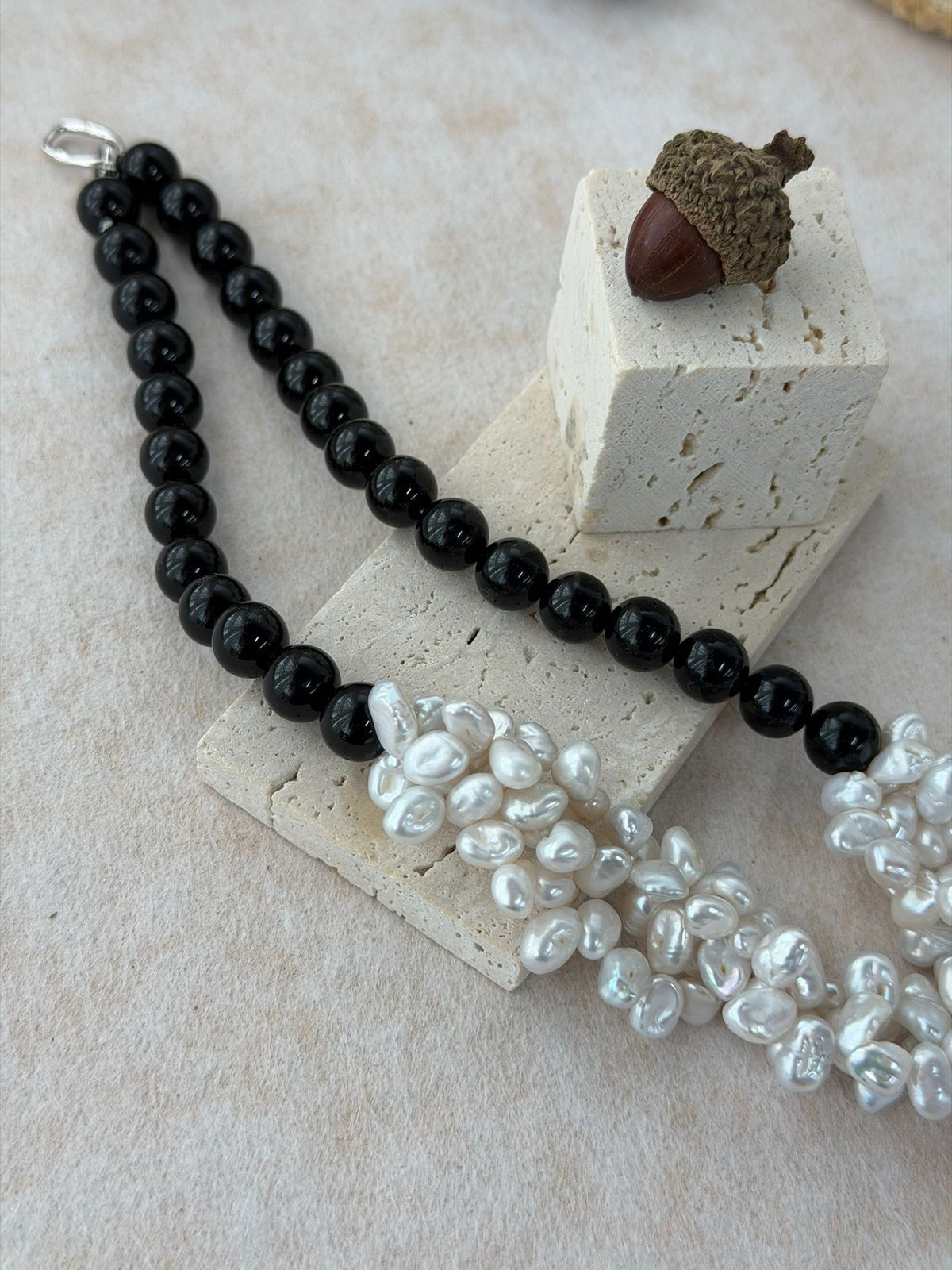 Black Agate & Baroque Pearl Petal Necklace